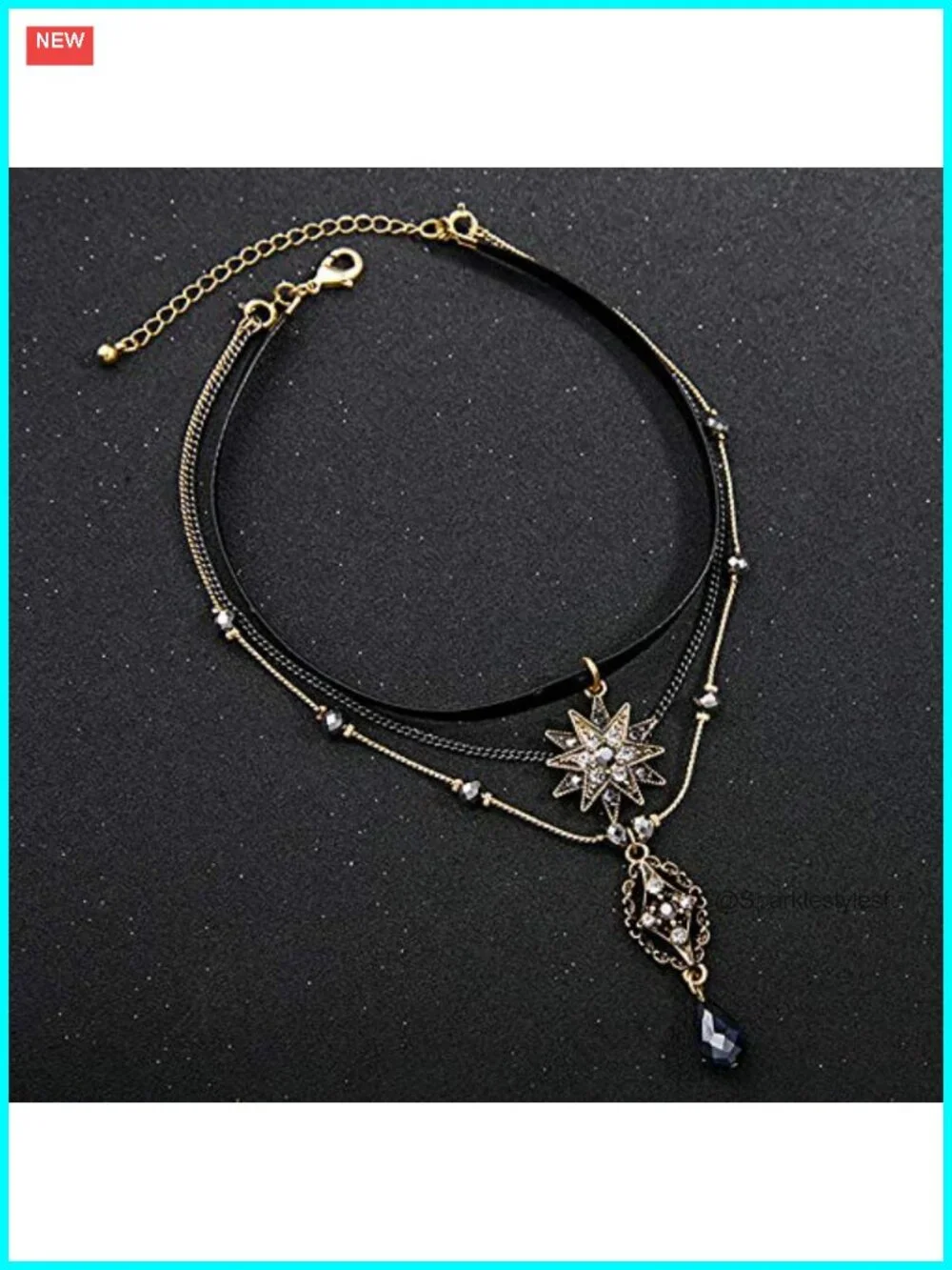 Layered Star Pendant Choker Necklace with Rhinestone Leather Detail